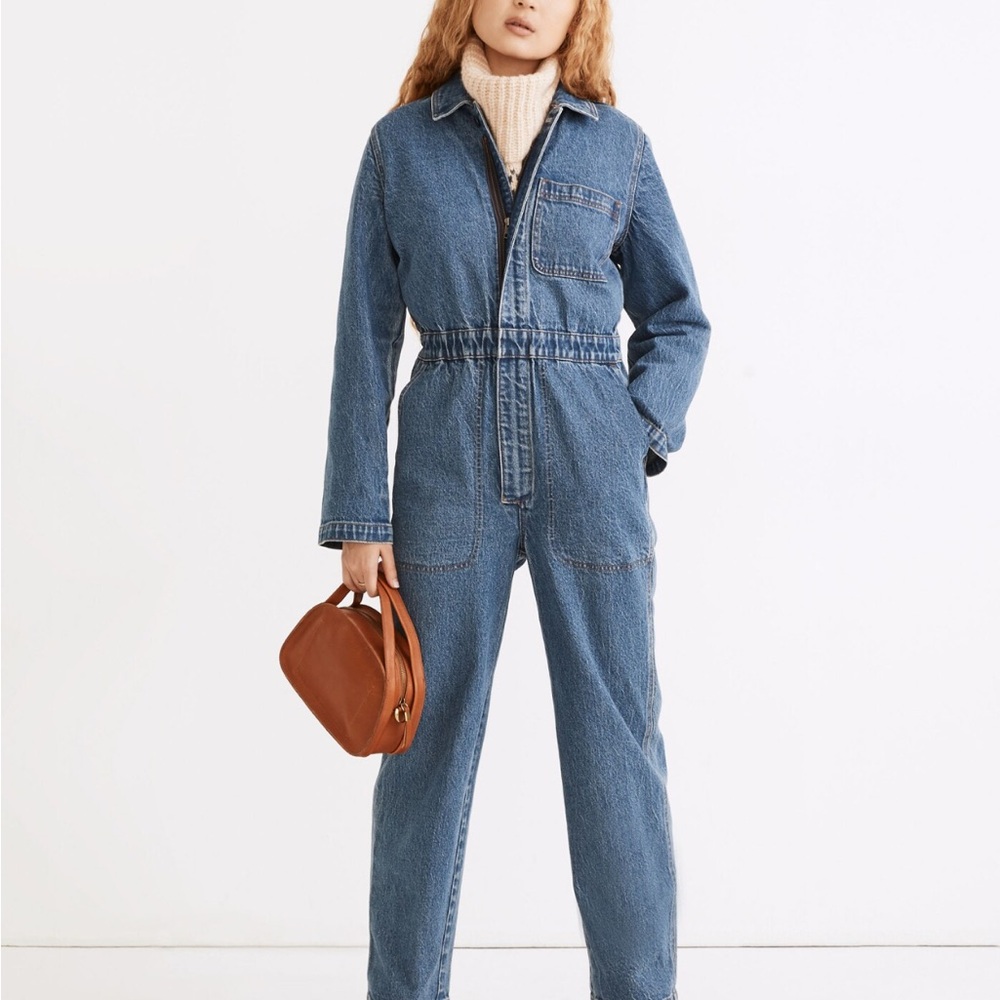 Madewell Blue Denim Jumpsuit with Zip Front and Elastic Waist